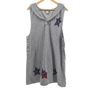 Haiks Vtg Railroad Stripe Jumper Dress Womens Sz XL Patriotic 90s Star Appliqué